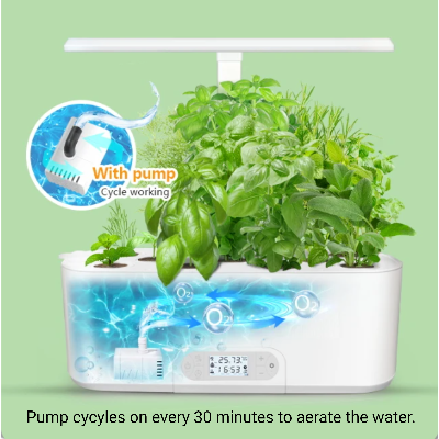 Indoor herb garden 11 grow basket showing cross section image of water pump inside and how water is circulated