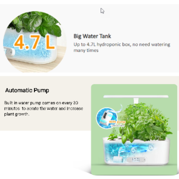 Indoor herb garden 11 grow basket showing large 4.7L water tank and automatic water pump 