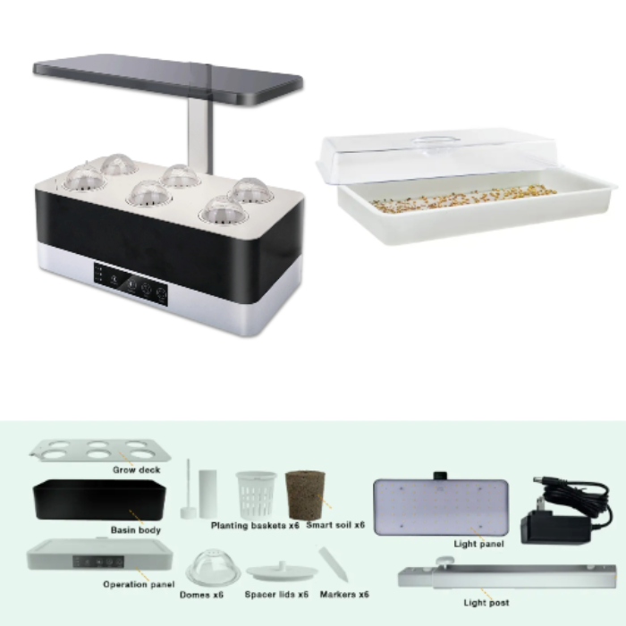 Indoor herb garden 6 grow basket with microgreens tray showing what's in the box. 