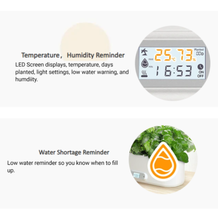 Indoor herb garden 11 grow basket  control panel showing temperature, days, light settings, low water warning and humidity