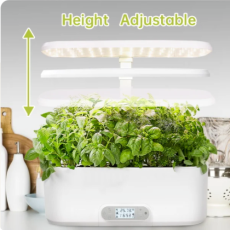 Indoor herb garden 11 grow basket shoing height adjustable lights