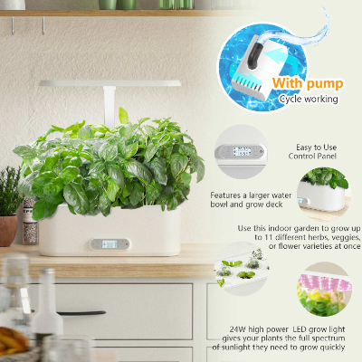 Indoor herb garden 11 grow basket featurs water pump, control panel, large water tank, full spectrum 24W LED grow light.