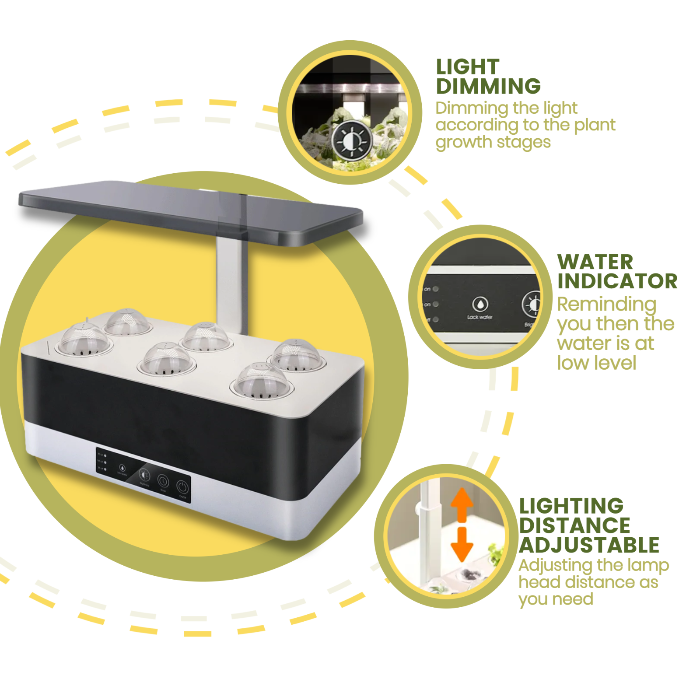 Indoor herb garden features dimable lights, water indicator, adjustable lighting